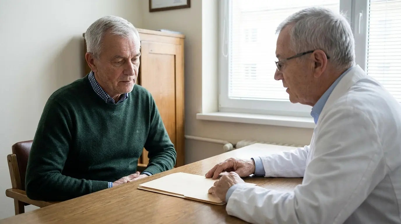Older patient in a green sweater speaking with a physician across a desk