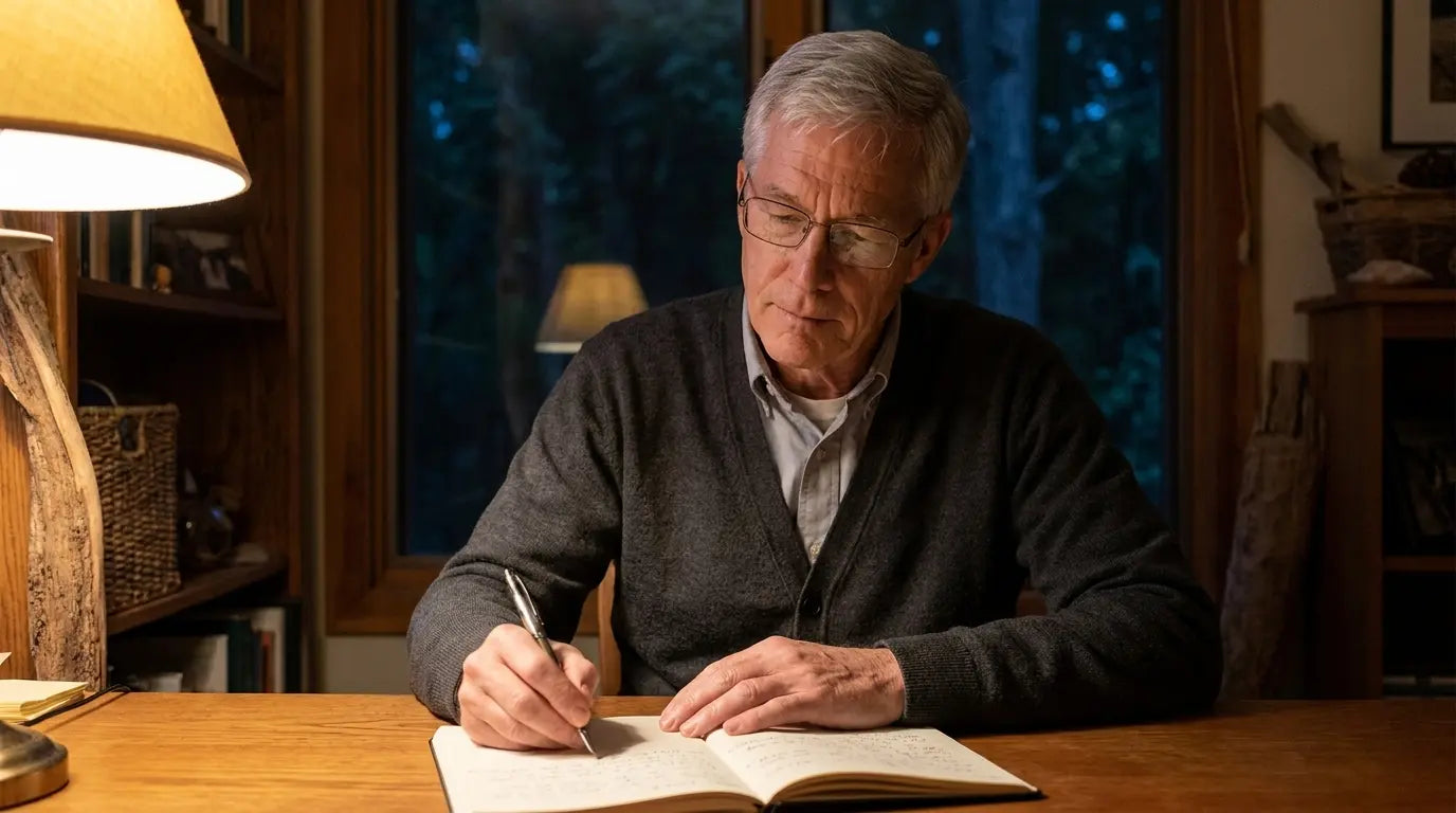 An older man reflecting over a notebook at night.