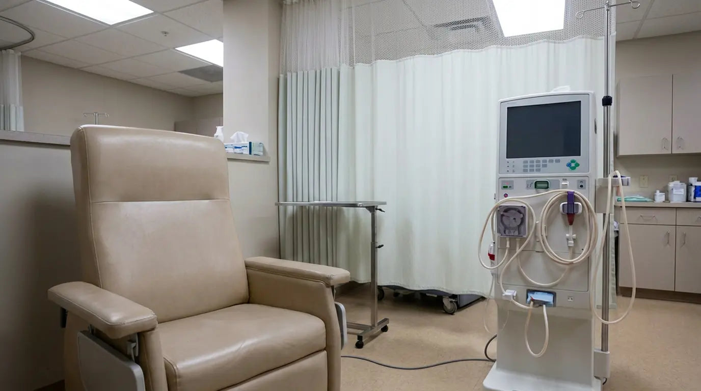 An empty dialysis chair beside a dialysis machine