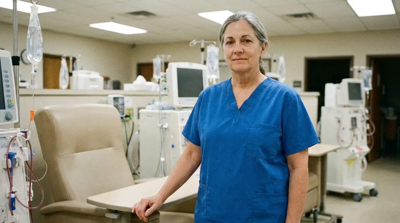 A nurse in scrubs standing in a clinical setting.