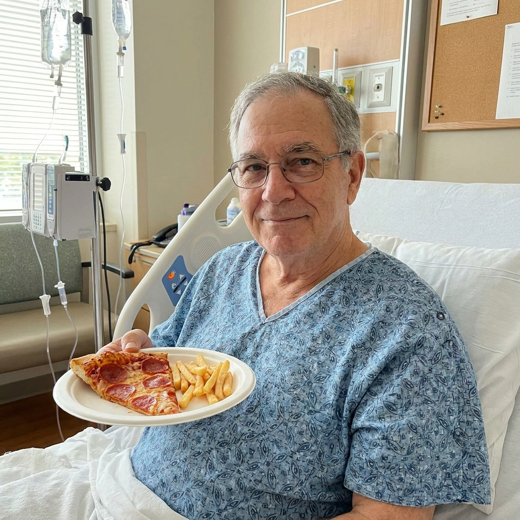 Patient eating pizza in hospital bed
