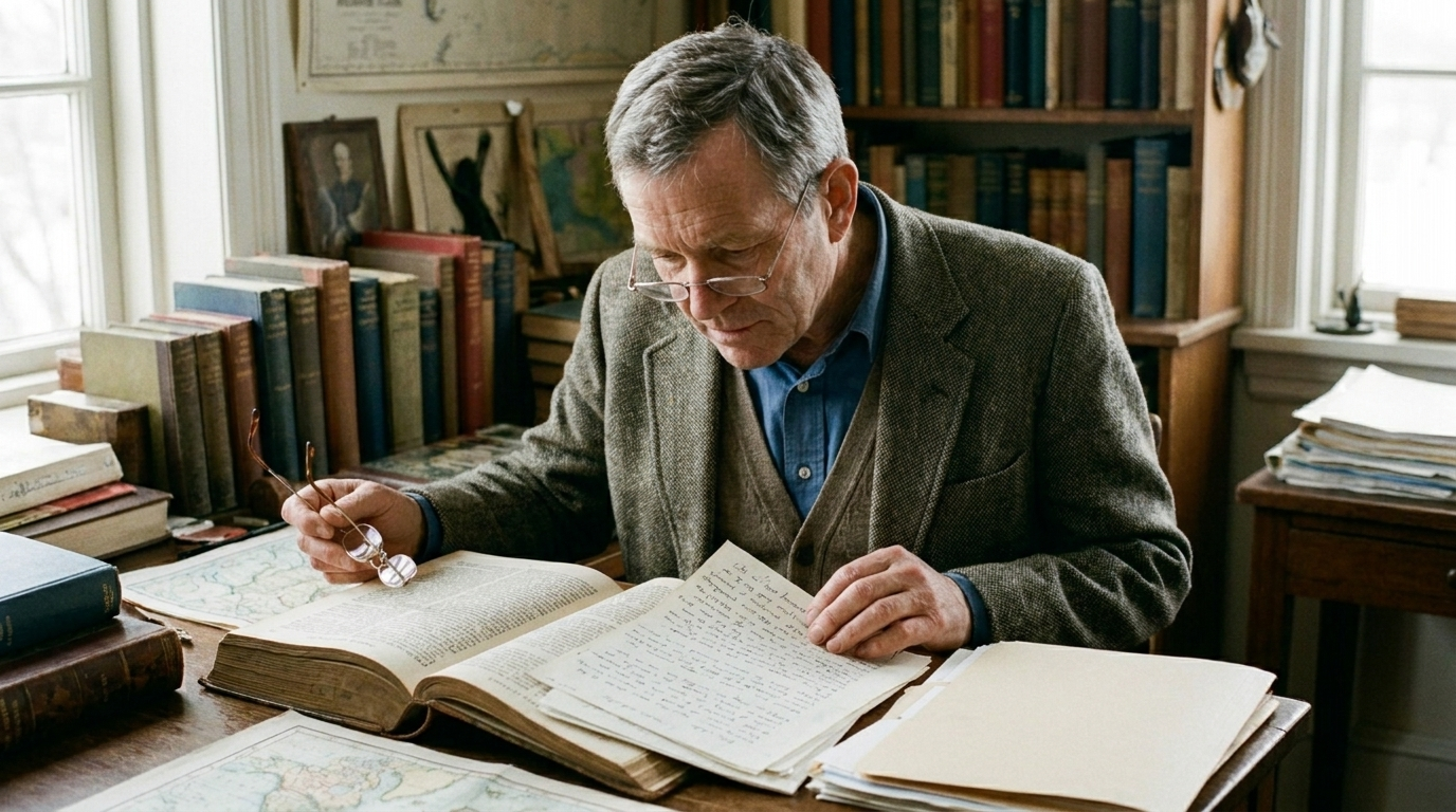 Dr. Carter researching historical medical texts