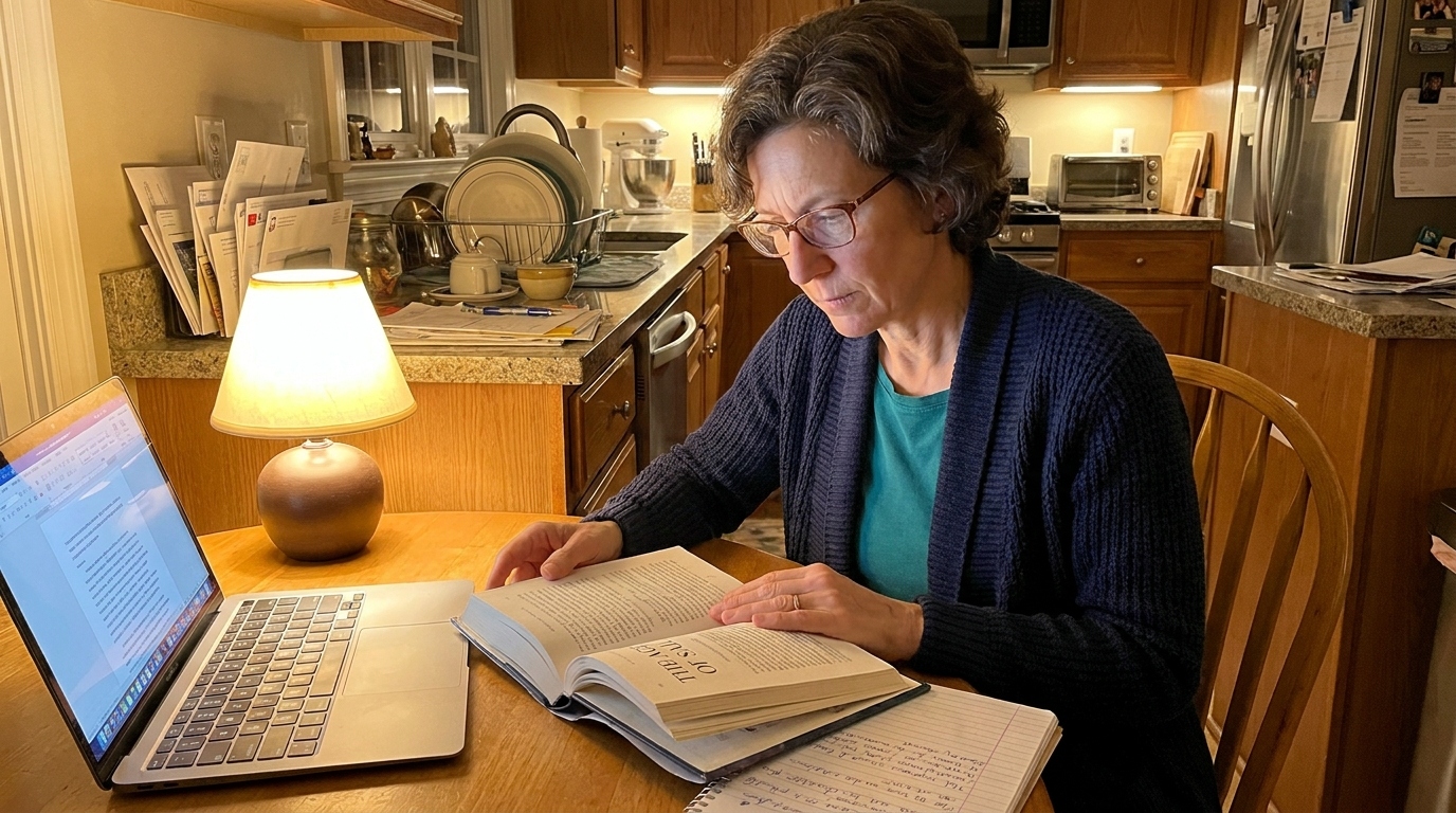 Sandra researching at her kitchen table