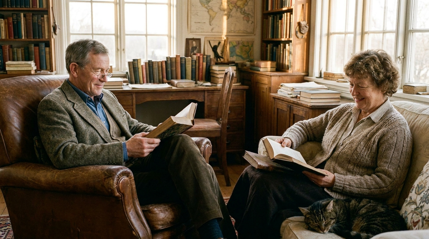 Dr. Carter reading comfortably with his wife nearby