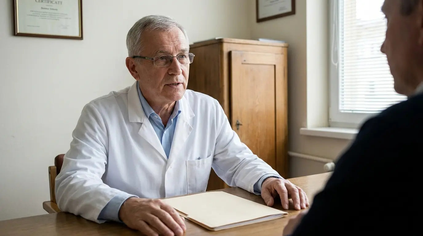 Physician seated at a desk during a consultation