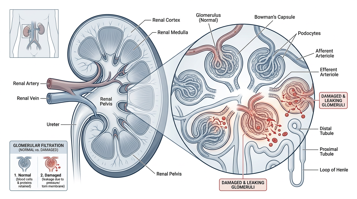 Kidney anatomy and an enlarged view of its filtration structures.