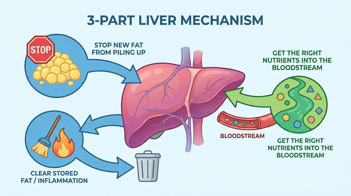 An educational diagram of the liver and its metabolic processes.