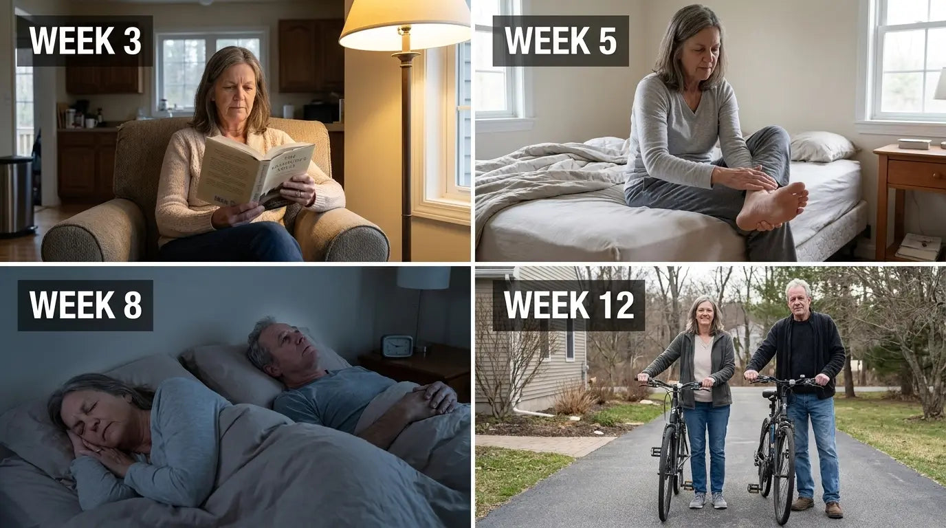 Four scenes labelled Week 3, Week 5, Week 8 and Week 12