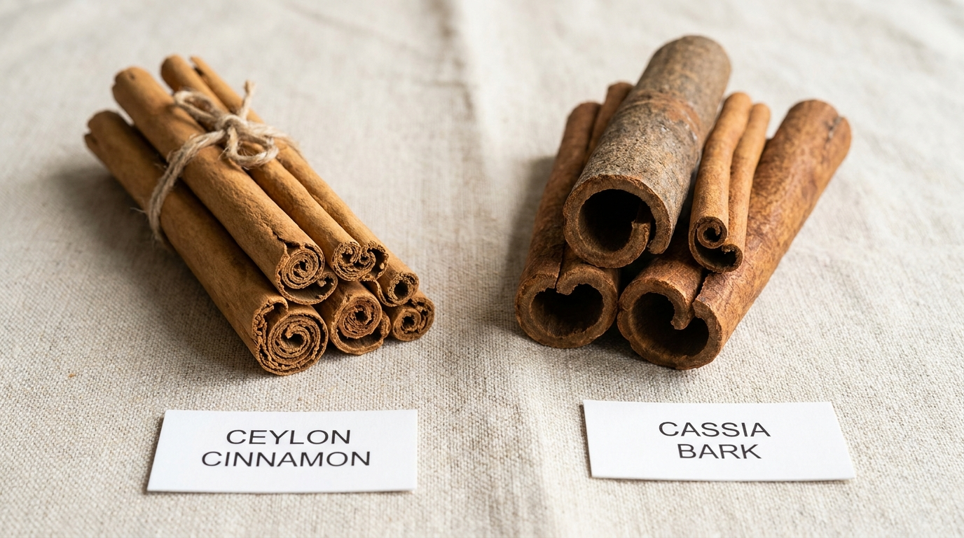 Ceylon cinnamon quills next to cassia bark comparison