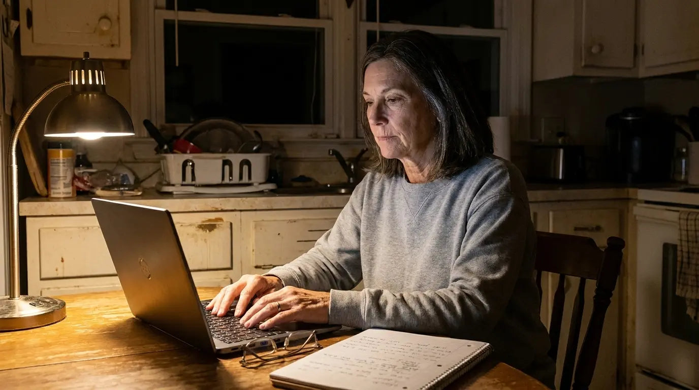 A woman researching on a laptop at night
