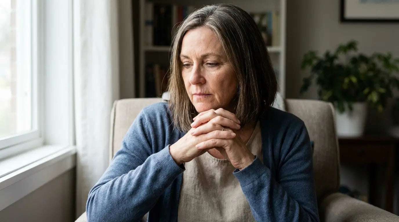 A woman sitting thoughtfully in soft natural light