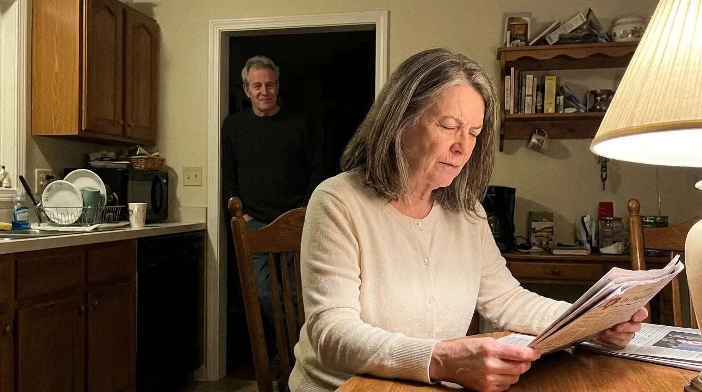A woman reading a newspaper at home