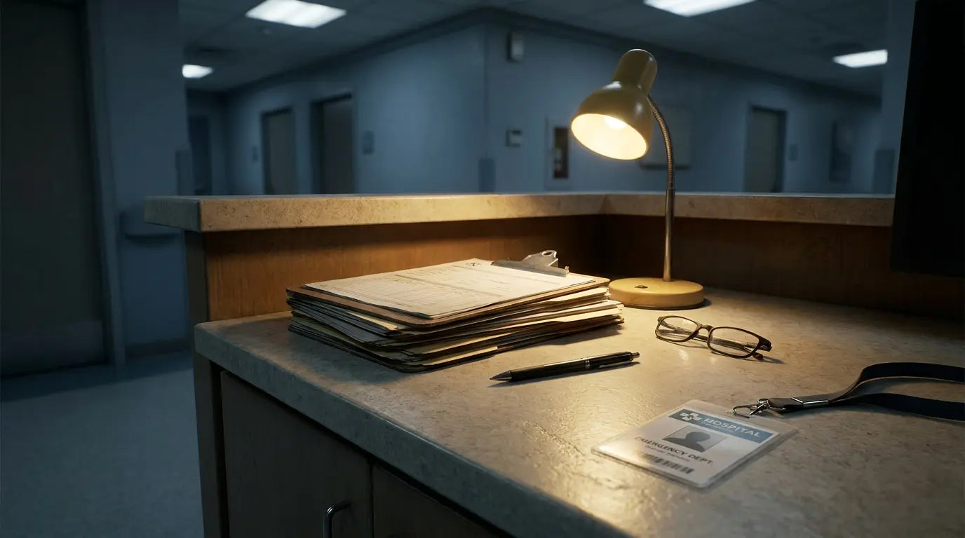 Charts, glasses and a pen on a nurse station desk at night