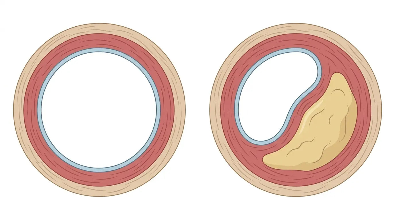 Cross-sections of an open artery and an artery narrowed by plaque.
