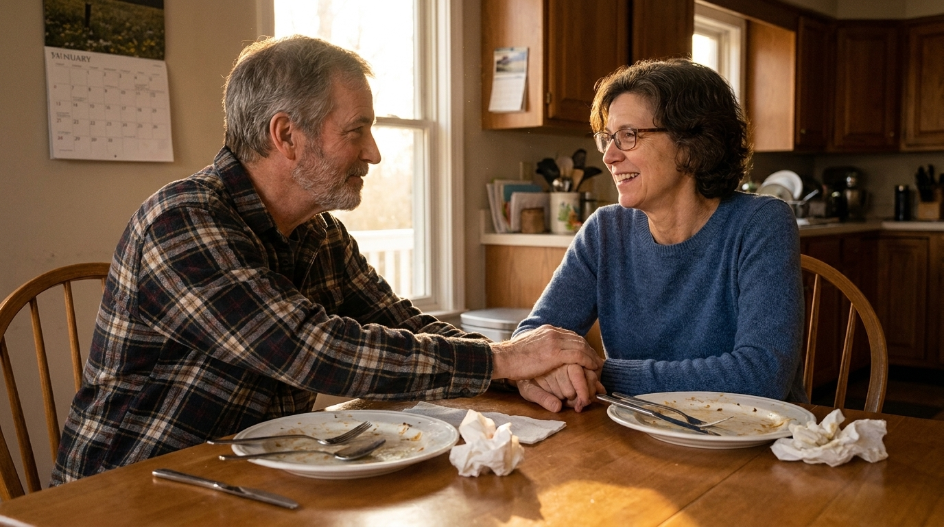 Sandra and her husband at the dinner table