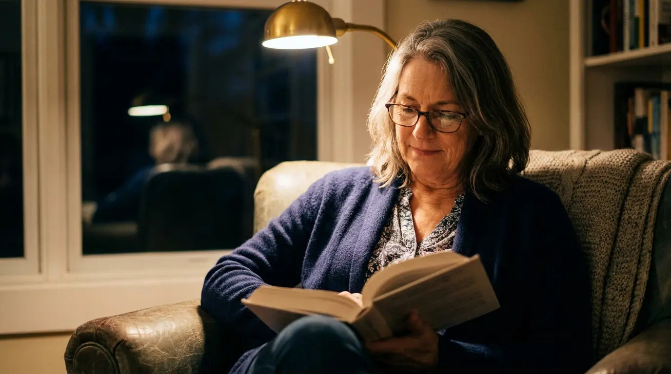 An older woman reading a novel at home.