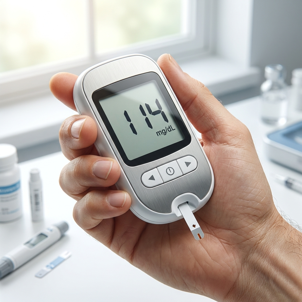 Blood glucose meter showing 114