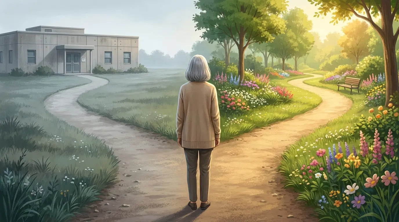 A woman standing at a fork in a path
