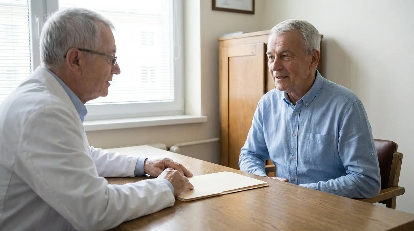 Physician and older patient speaking during a follow-up consultation