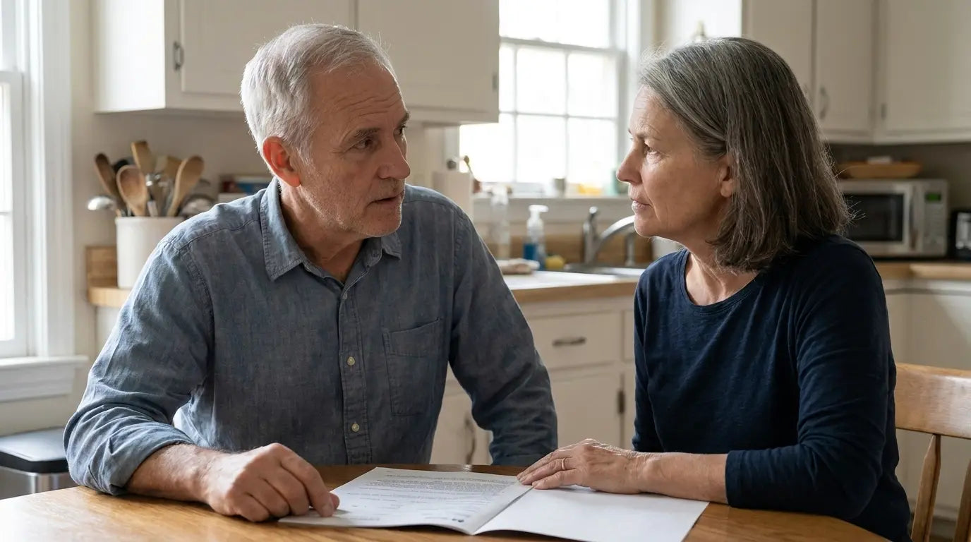 An older couple talking at their kitchen table.