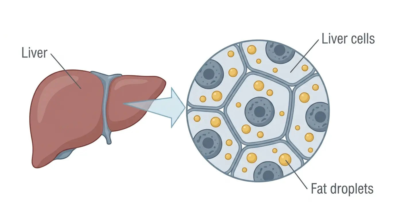 A labelled illustration of the liver, liver cells and fat droplets