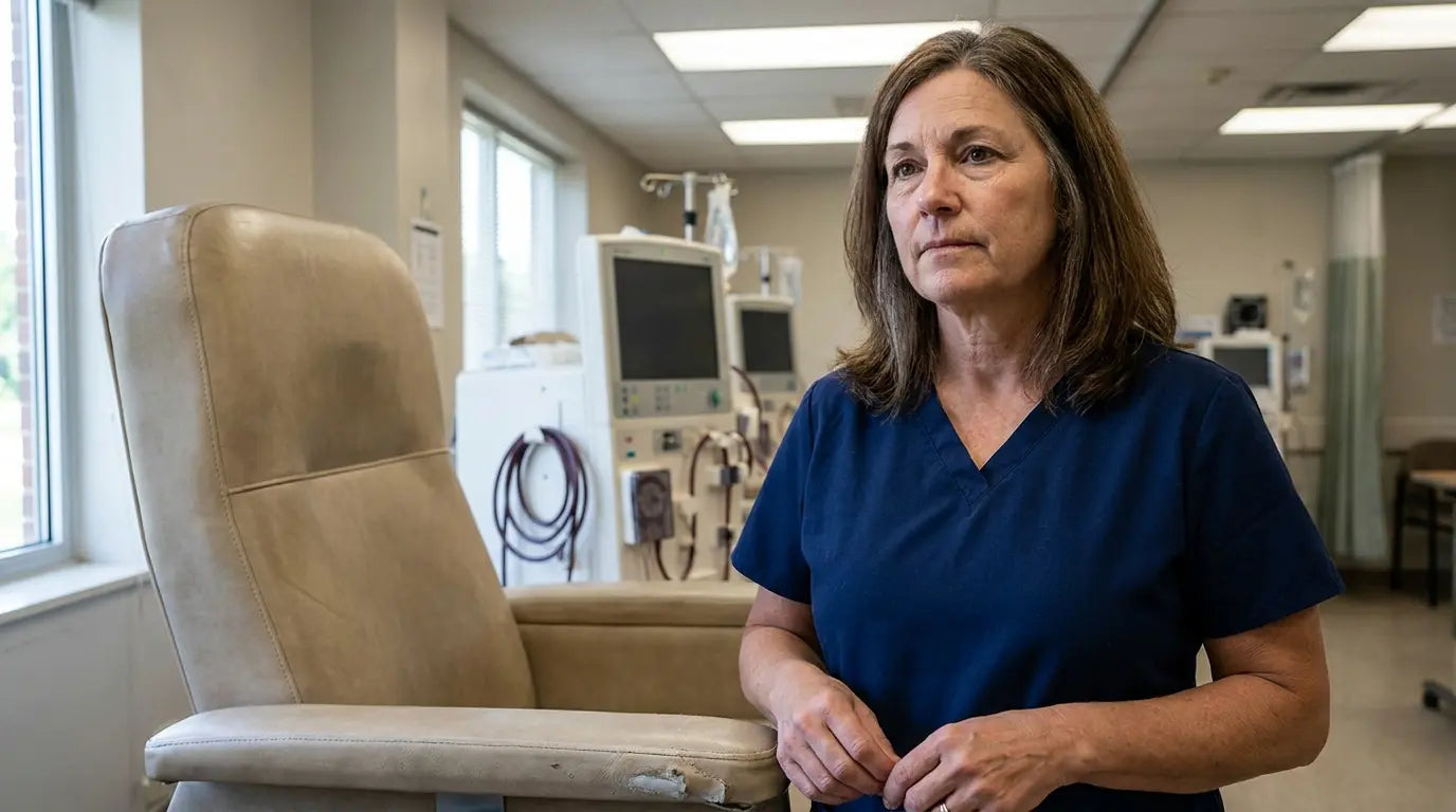 Sandra beside an empty dialysis chair