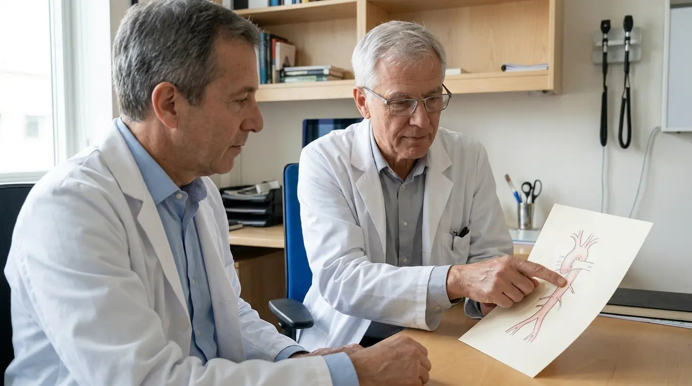 Two physicians discussing a document at a desk