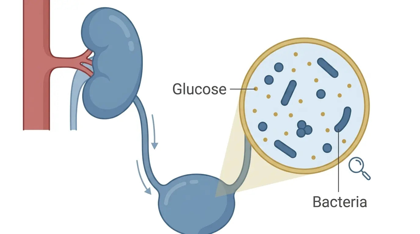 Medical illustration of the kidney, urinary bladder, glucose and bacteria