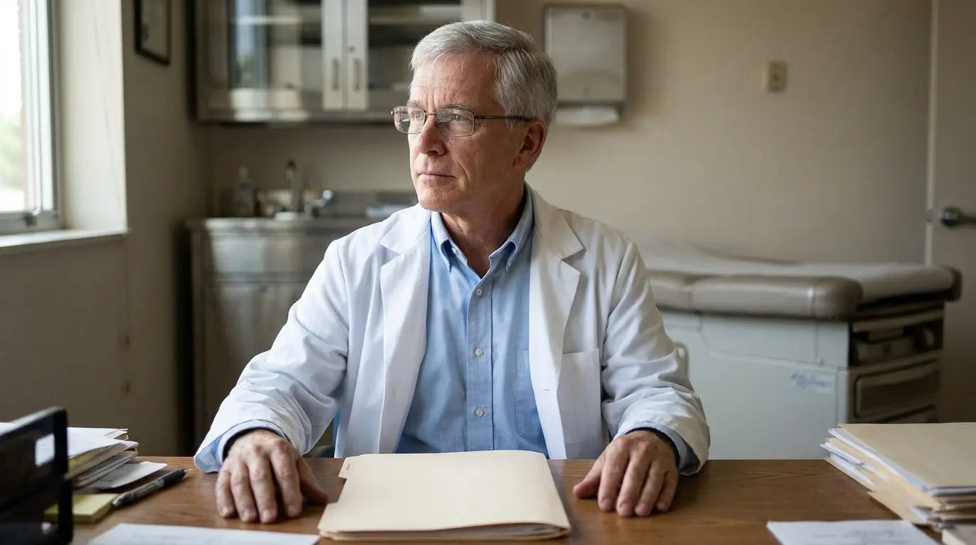 An older man seated in an examination room.