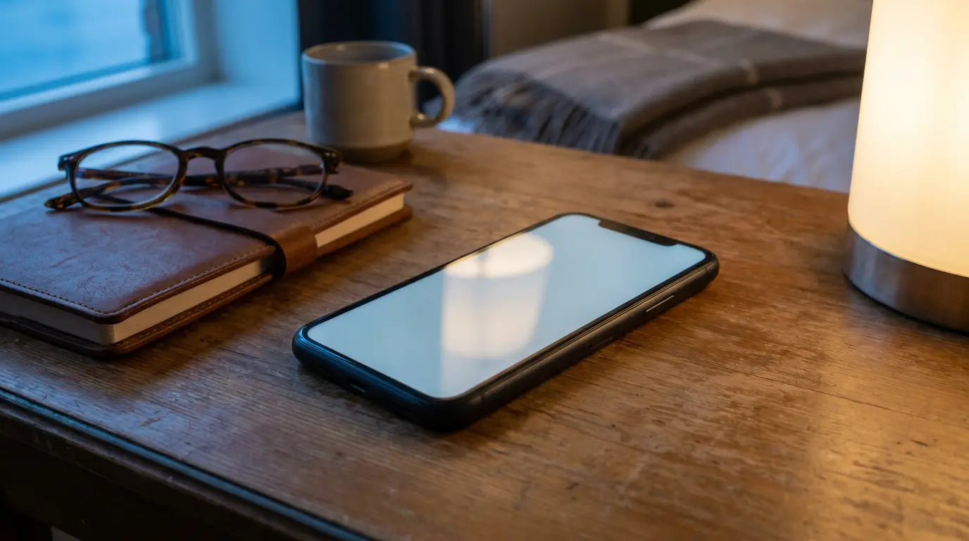 A phone displaying a short message exchange on a hotel desk
