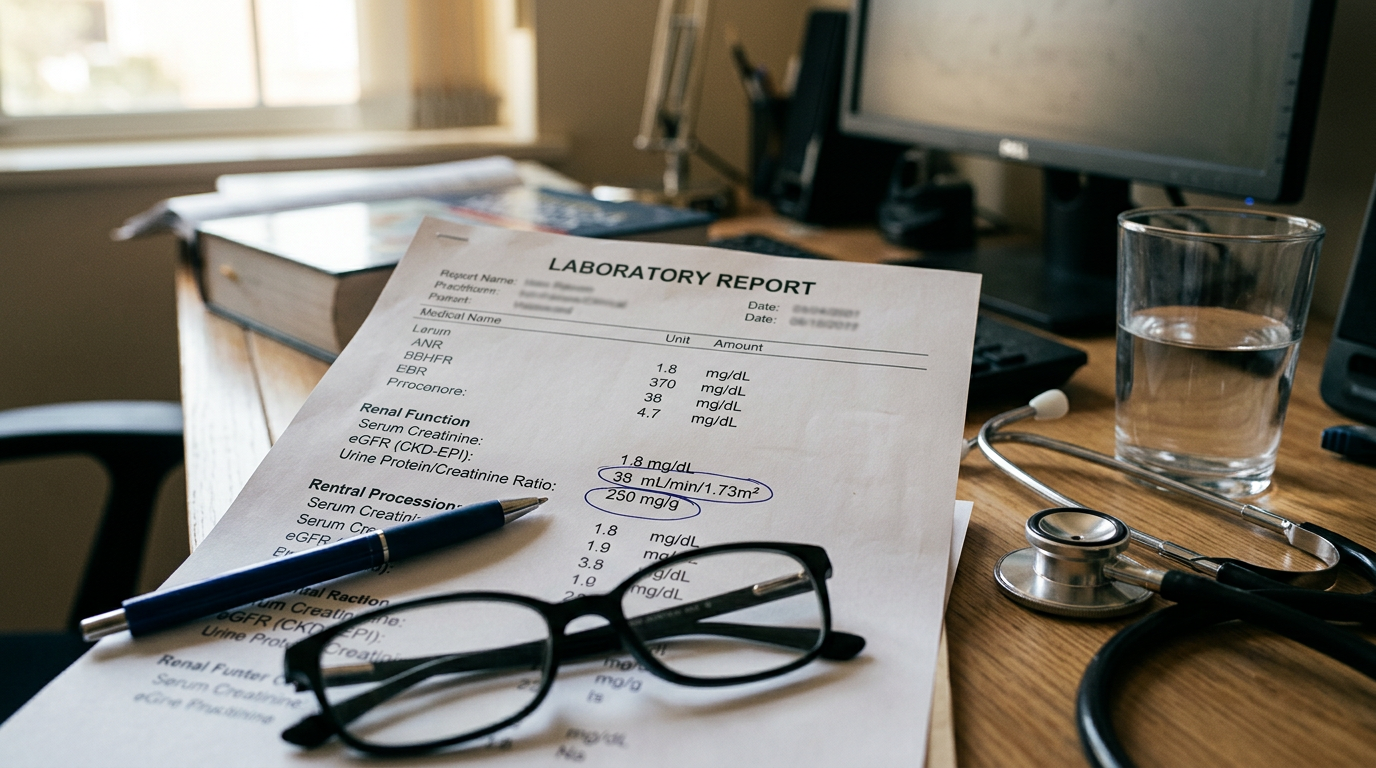 A nephrologist sitting at his desk.
