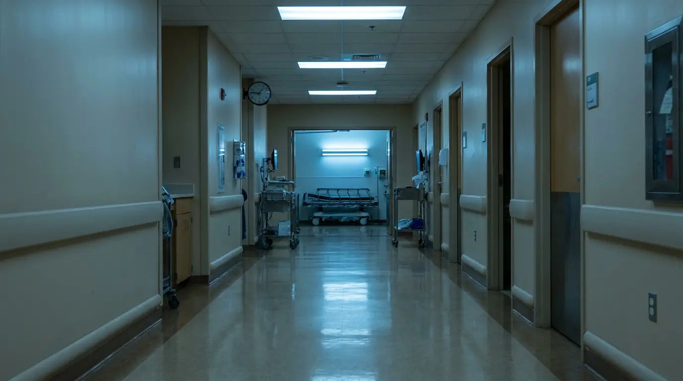 An empty hospital corridor at night