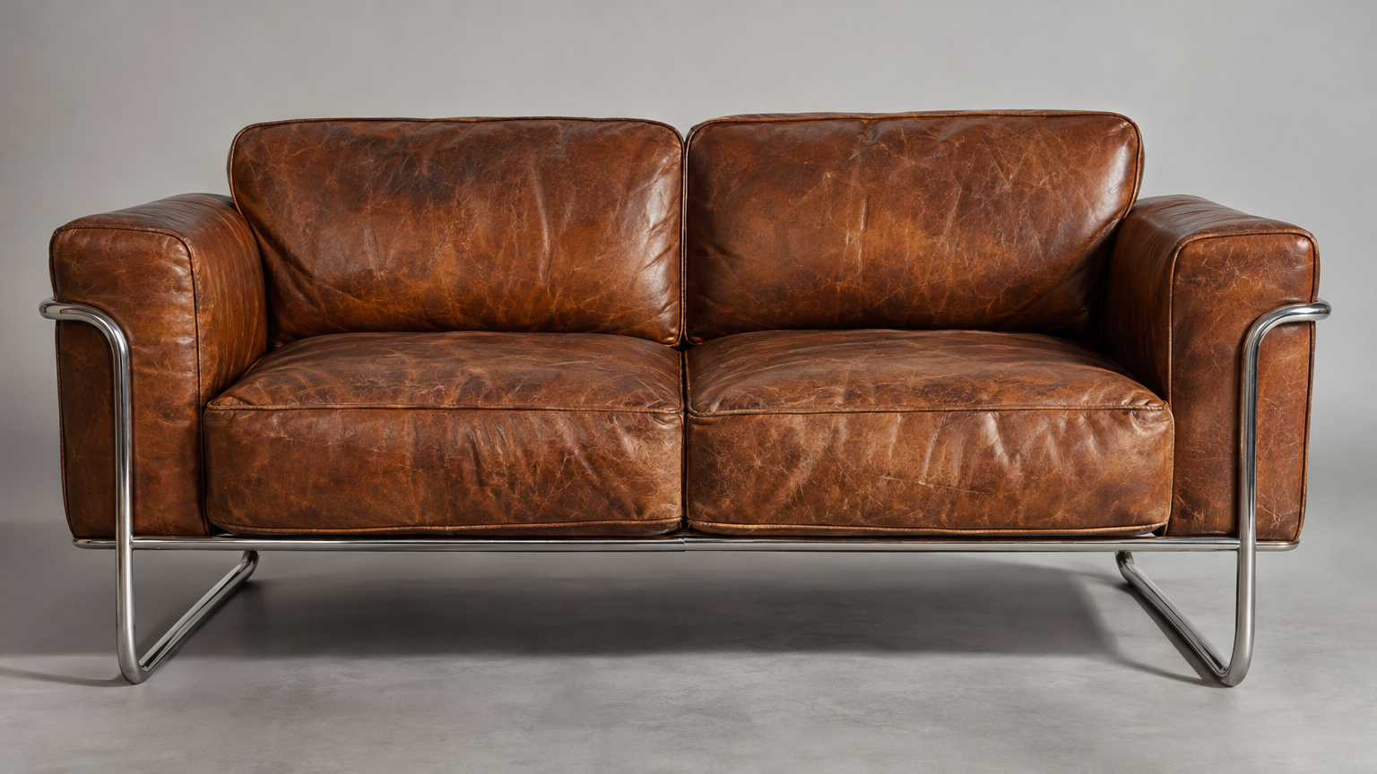 Sculpted Leather Settee, Cognac