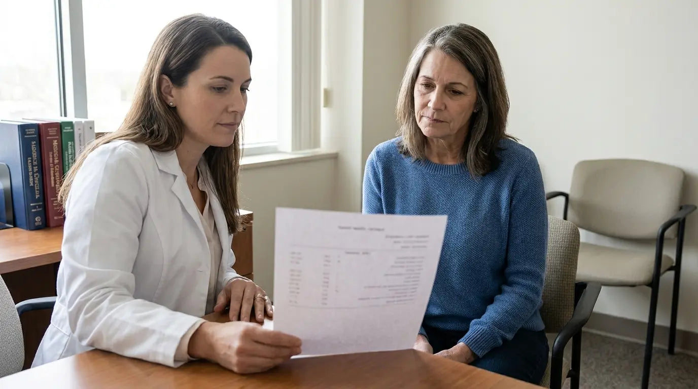 A woman discussing a report with a clinician