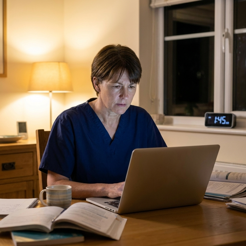 Sandra researching at night