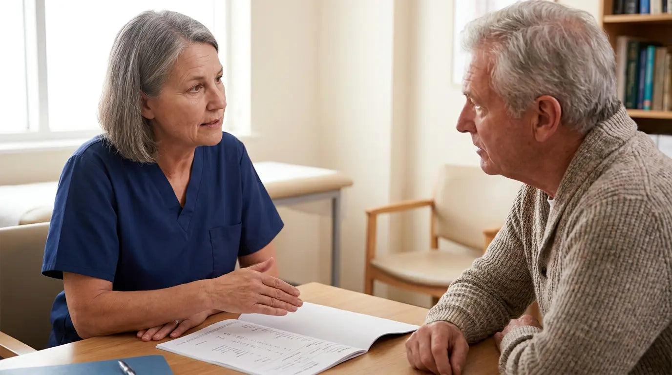 A clinician discussing a report with an older patient