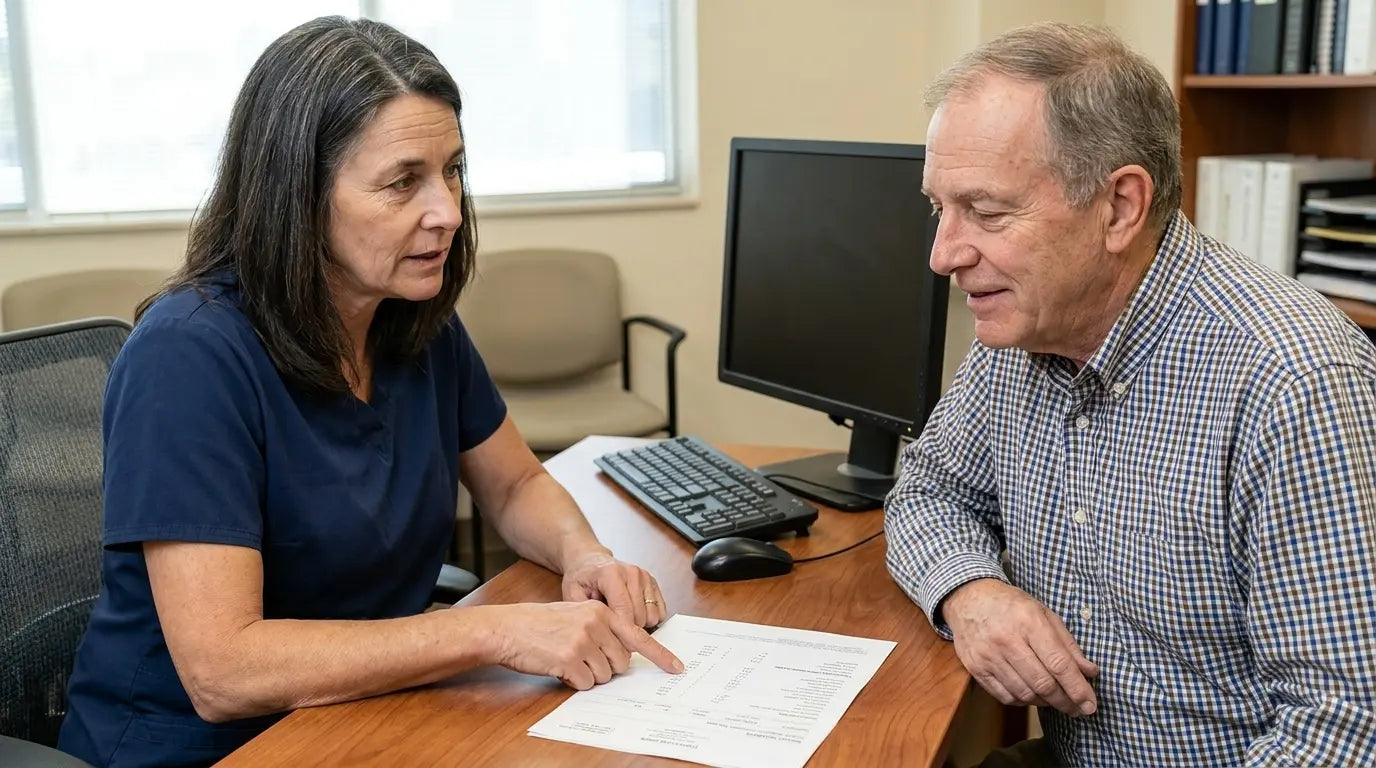 Sandra reviewing a report with a patient