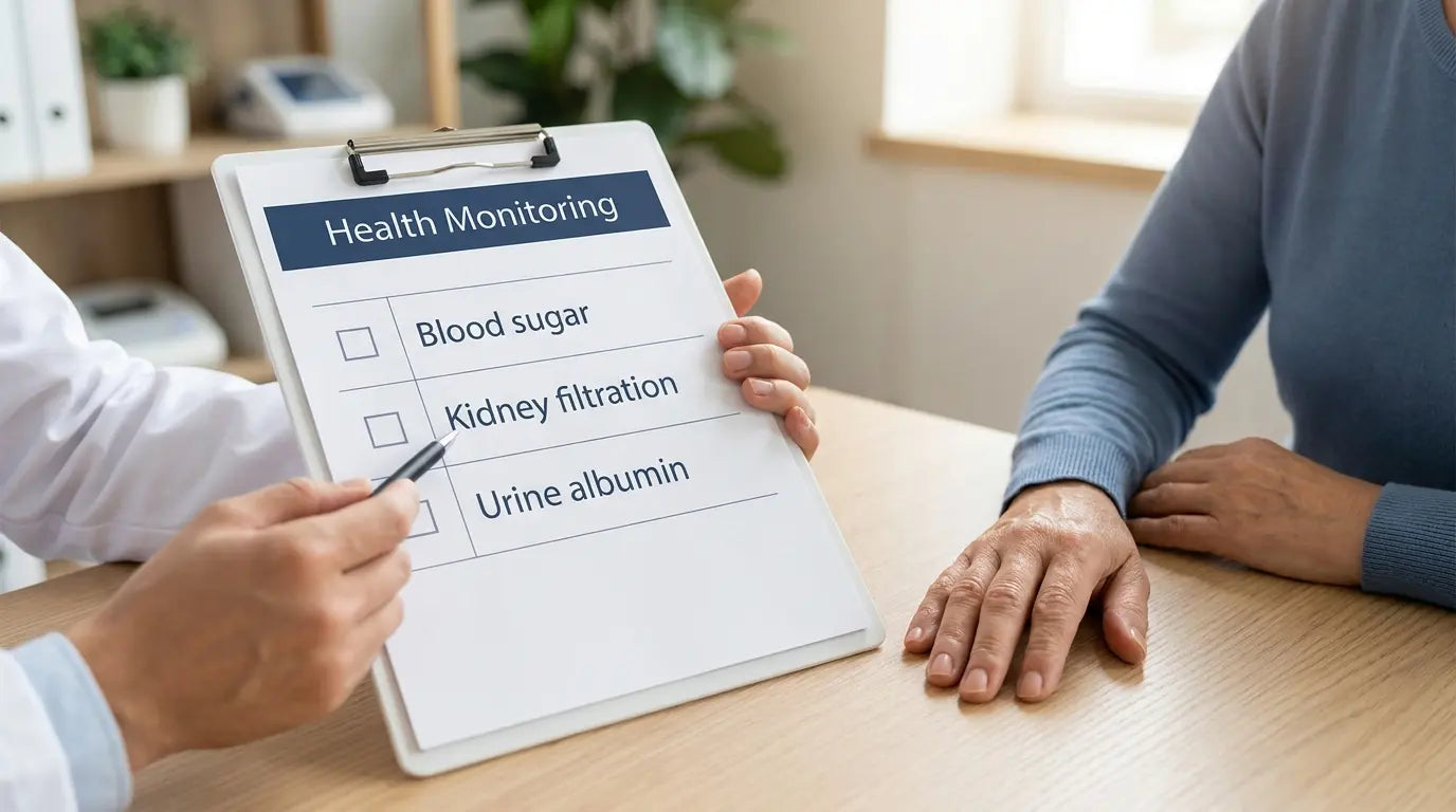 A health-monitoring checklist being reviewed during a consultation.