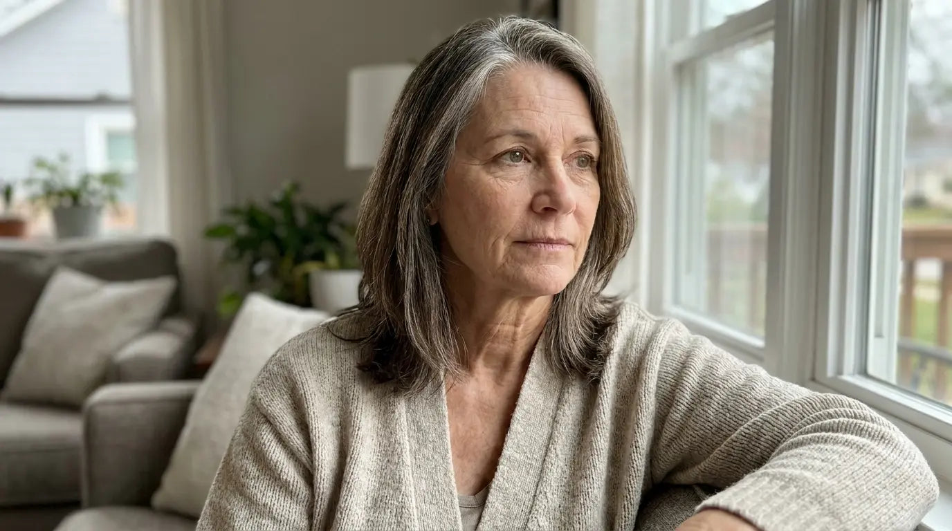 A woman sitting at home in daylight