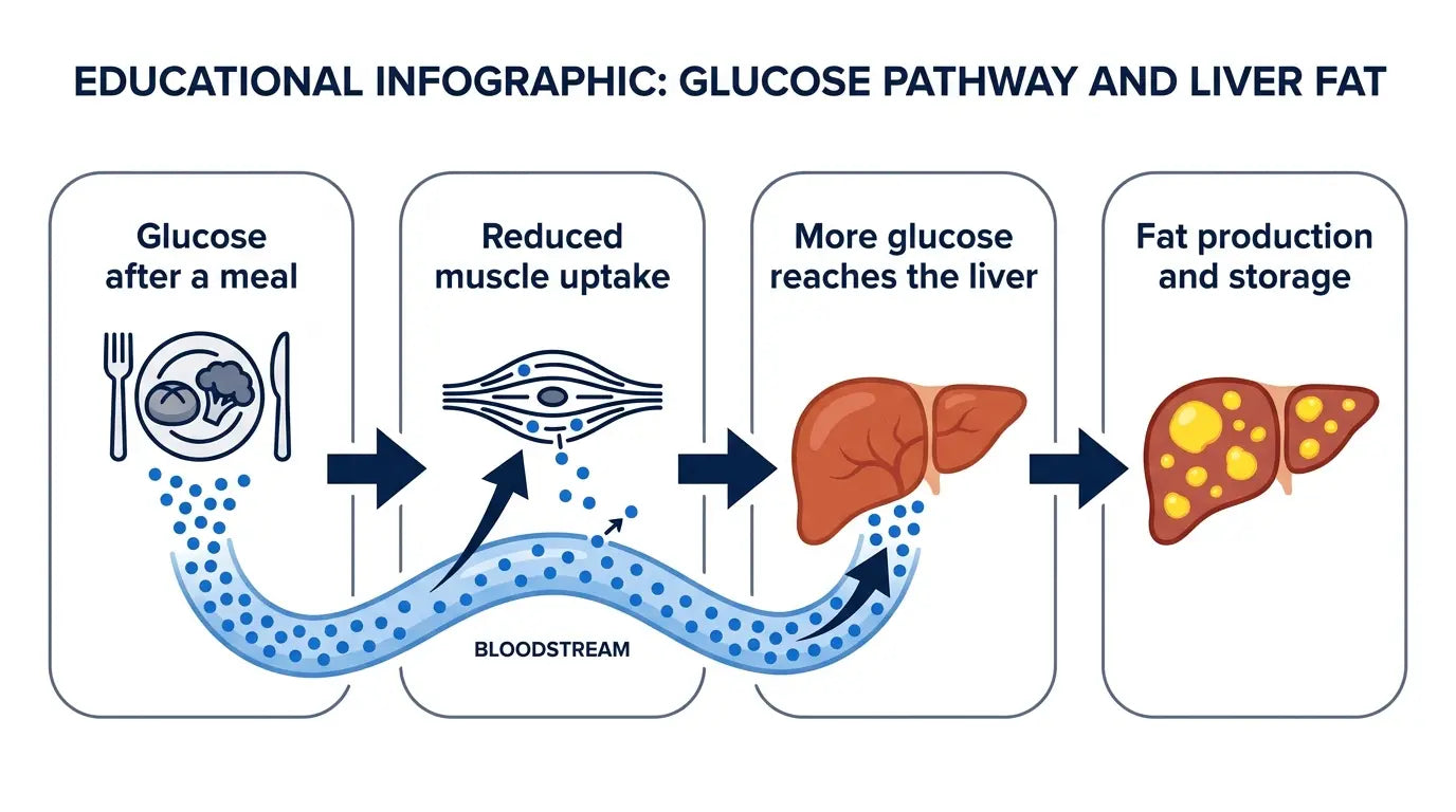 Diagram showing glucose pathways and liver fat
