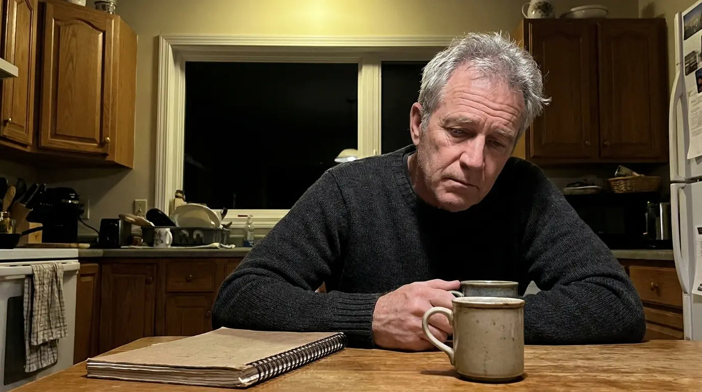 A man at a kitchen table before dawn