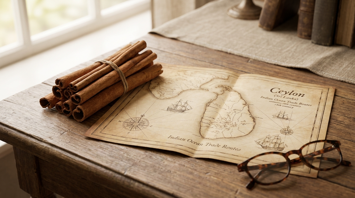 Ceylon cinnamon quills and historical map