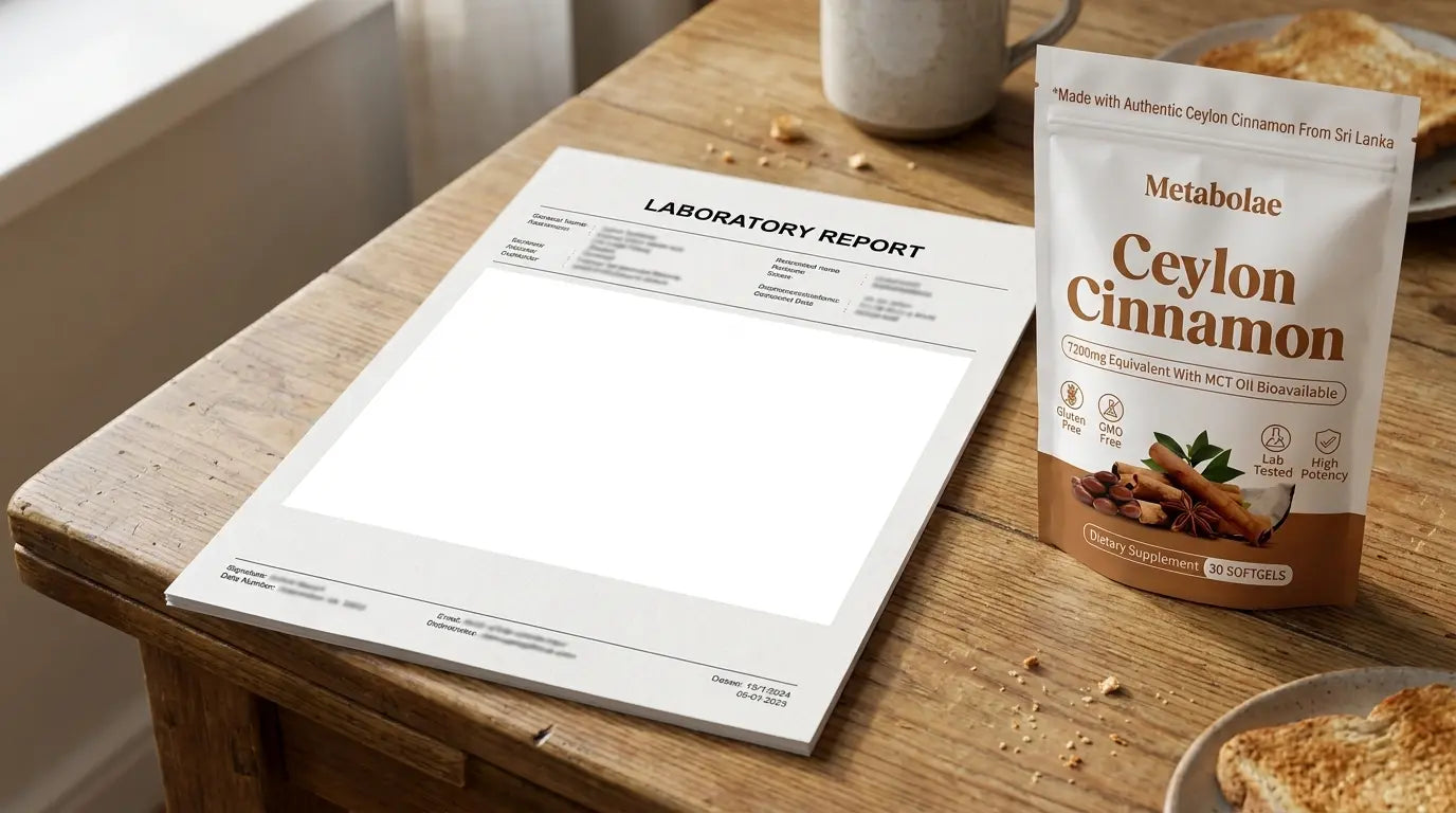 A laboratory report beside Metabolae packaging