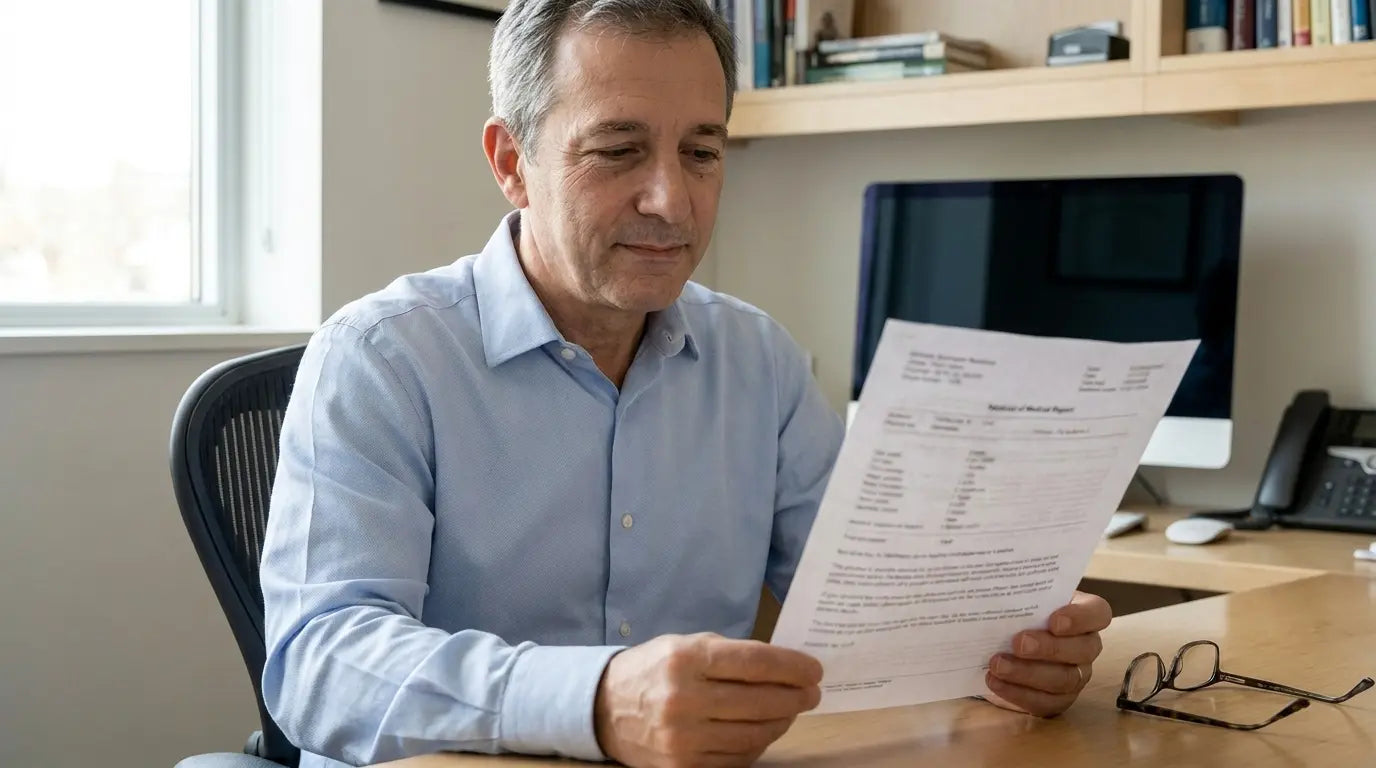 A physician reviewing a printed report