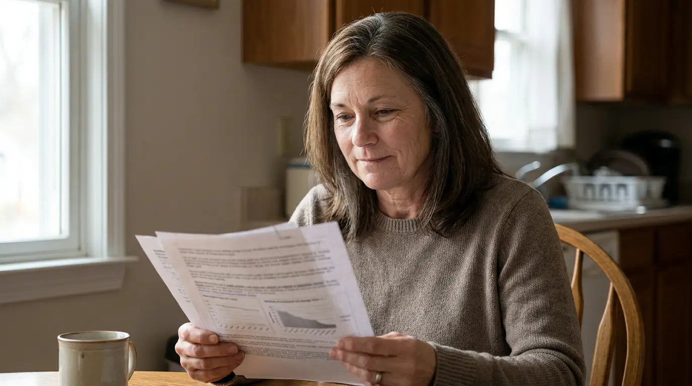 Sandra reviewing a printed report