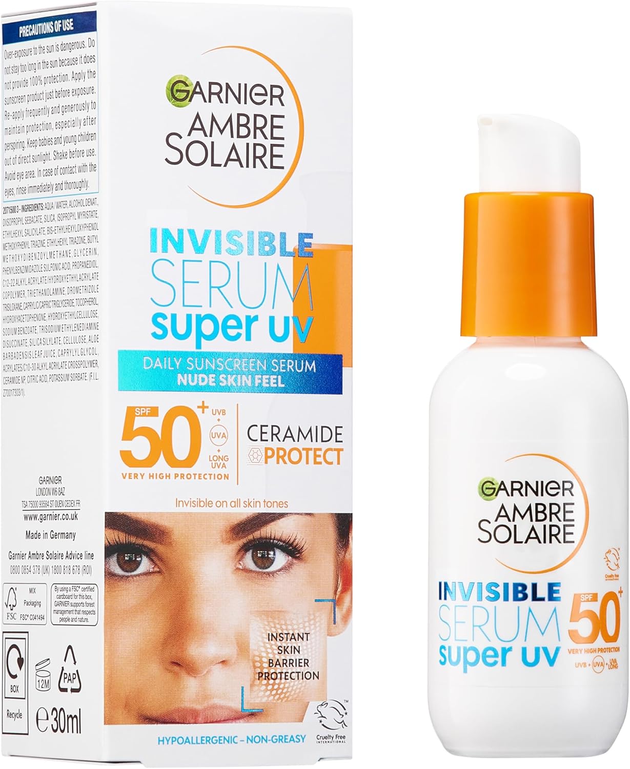 Garnier Ambre Solaire Sun Cream SPF 50+ Super UV Invisible Serum Moisturiser for