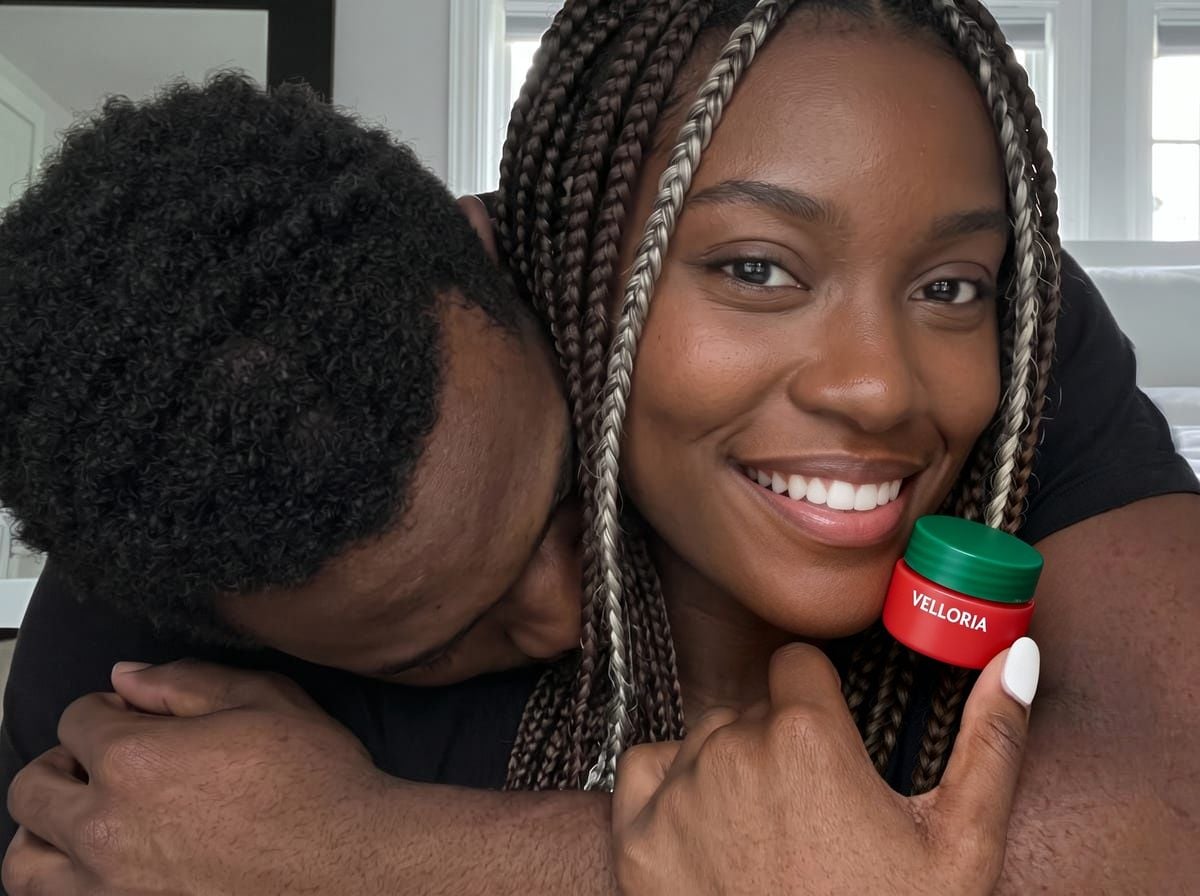 A woman holding a red Velloria mini lip mask jar with a green lid