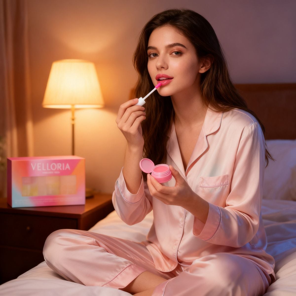 Applying a Velloria Midnight Minis lip mask at night