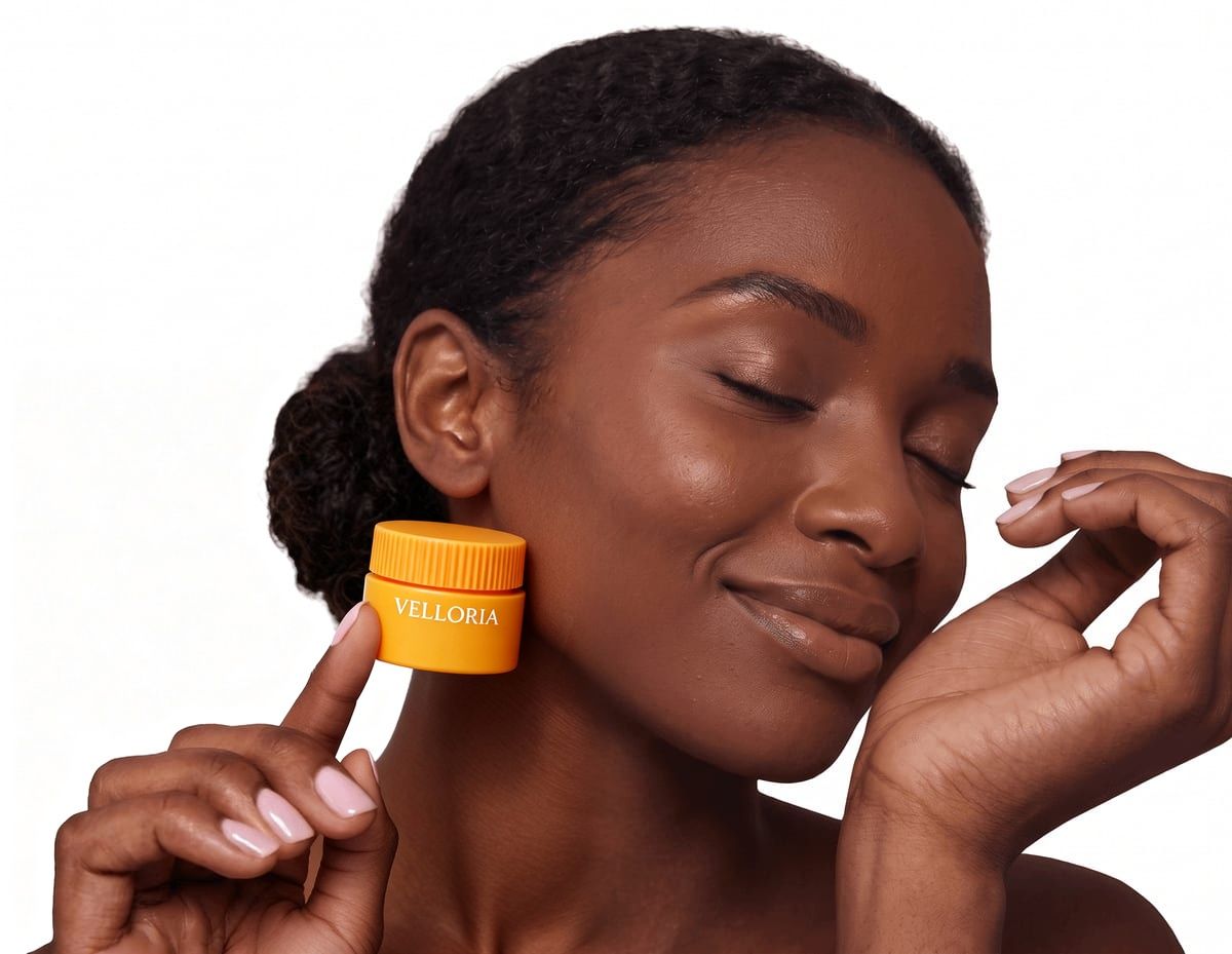 A woman holding a Velloria mini lip mask jar