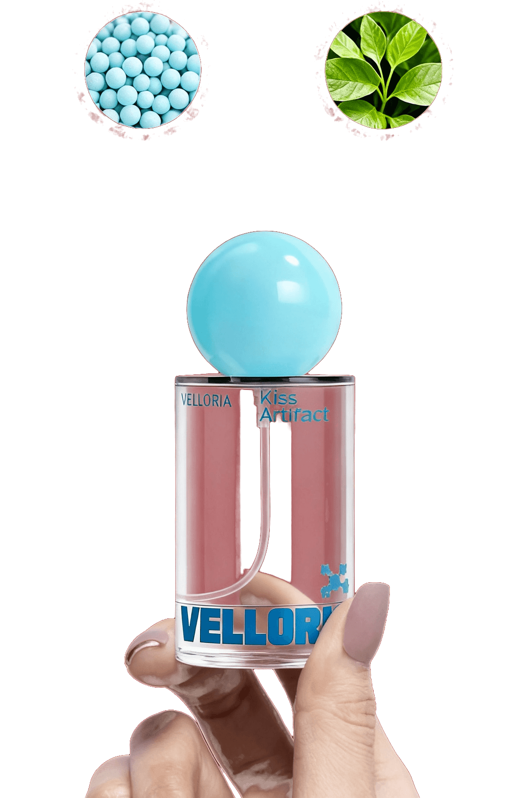A hand holding the Velloria Kiss Artifact spray